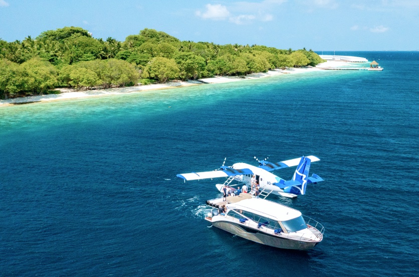 A Maldives Seaplane arrival at Amilla Resort and Residences.