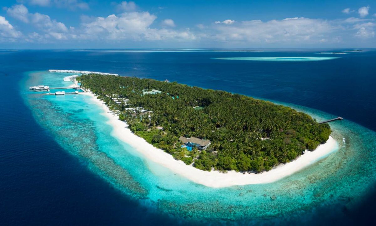 A view of the Amilla Fushi island and surrounding Maldives reef.