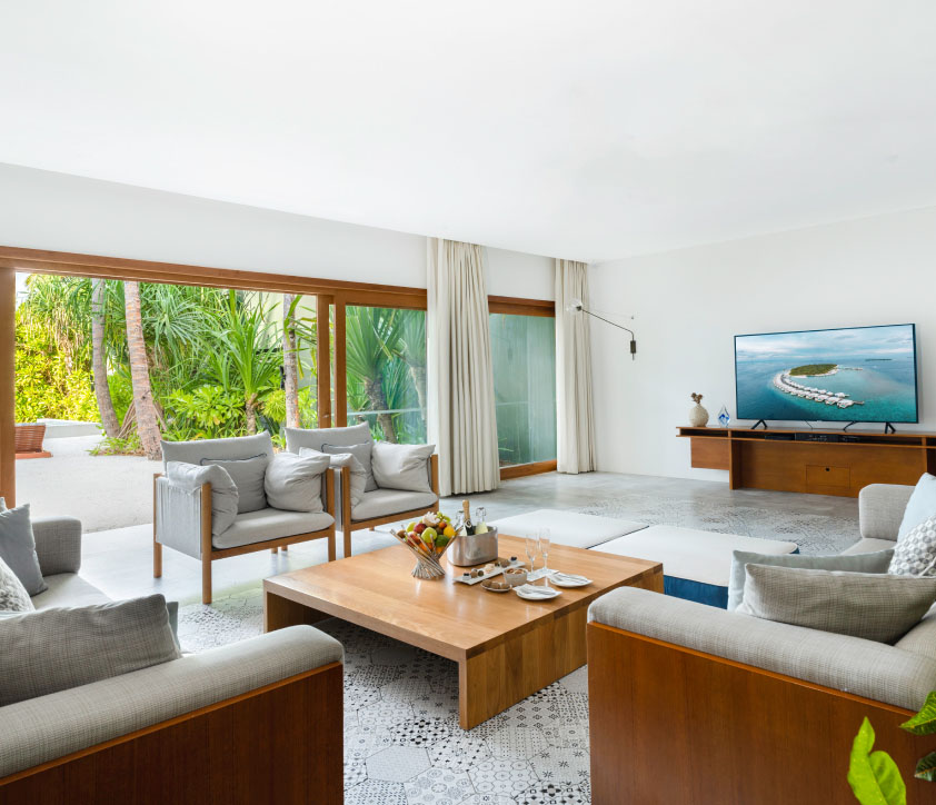 An alternate view of the spacious living room in our Private Residence in the Maldives.