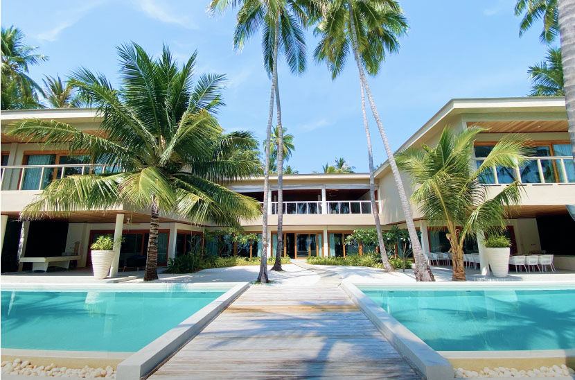 An exterior shot of the Great Beach Residence Maldives and its 2 private freshwater pools.
