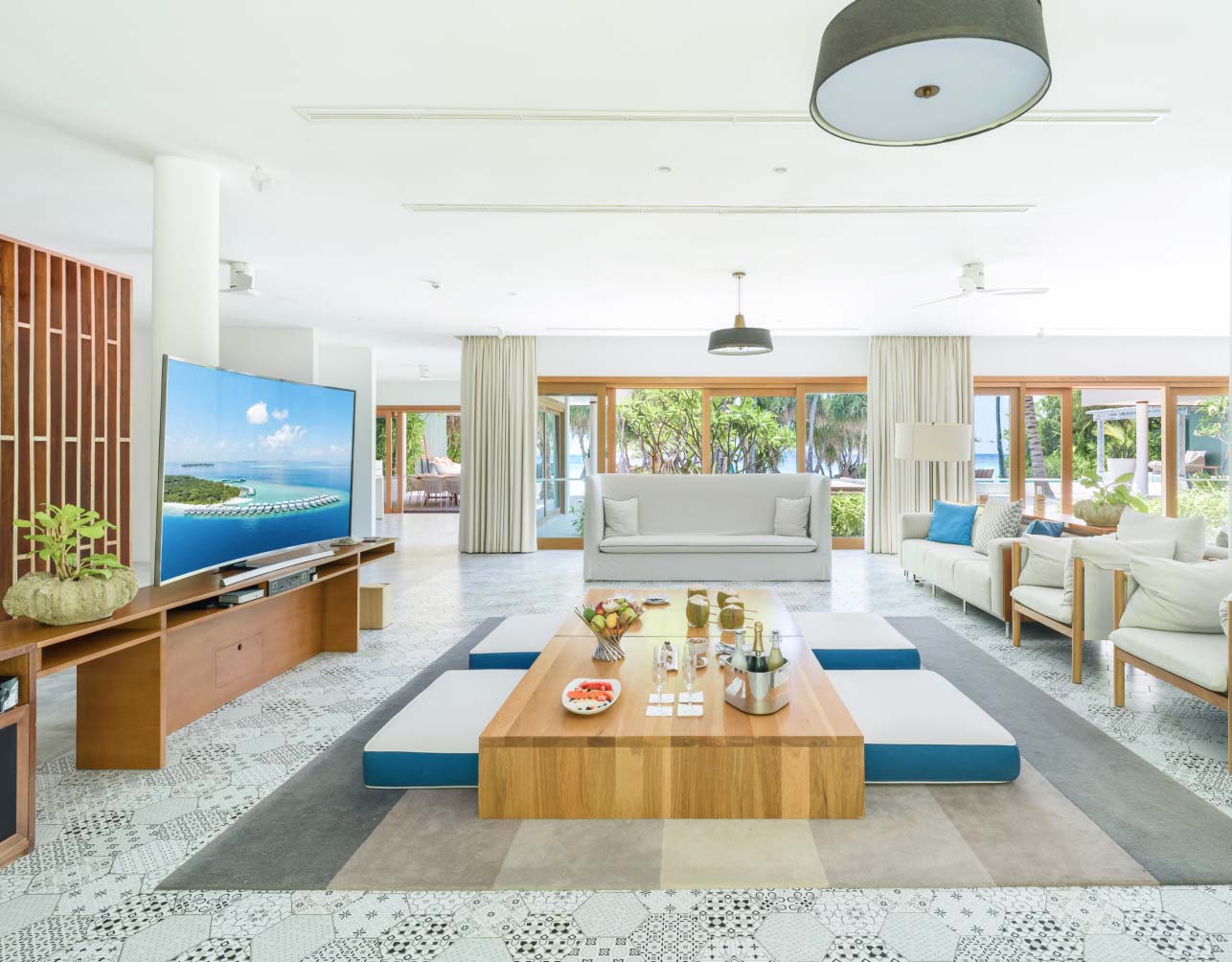 The spacious living room in our Great Beach Residences Maldives.