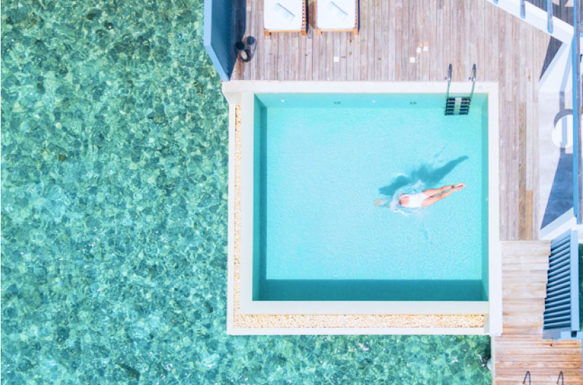 An overhead pool view of our Maldives Lagoon Pool Villa