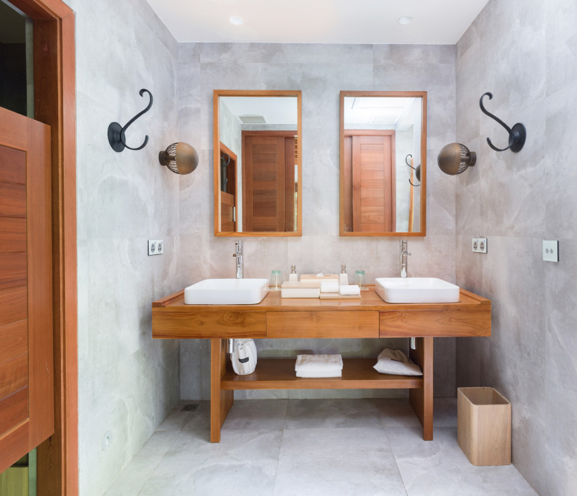 The full bathroom with double sinks inside our Maldives Treetop Villa.