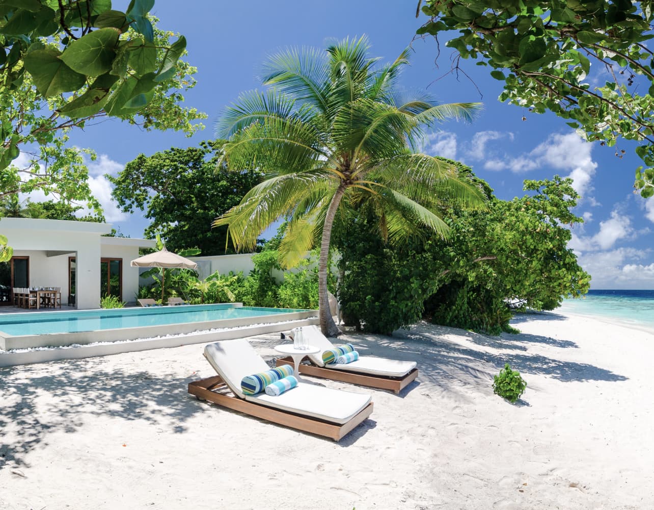 A beachside view of our Maldives Beach Villa with private pool
