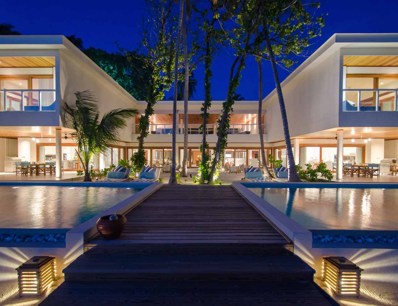 An exterior shot of the Great Beach Residence Maldives and its 2 private freshwater pools.